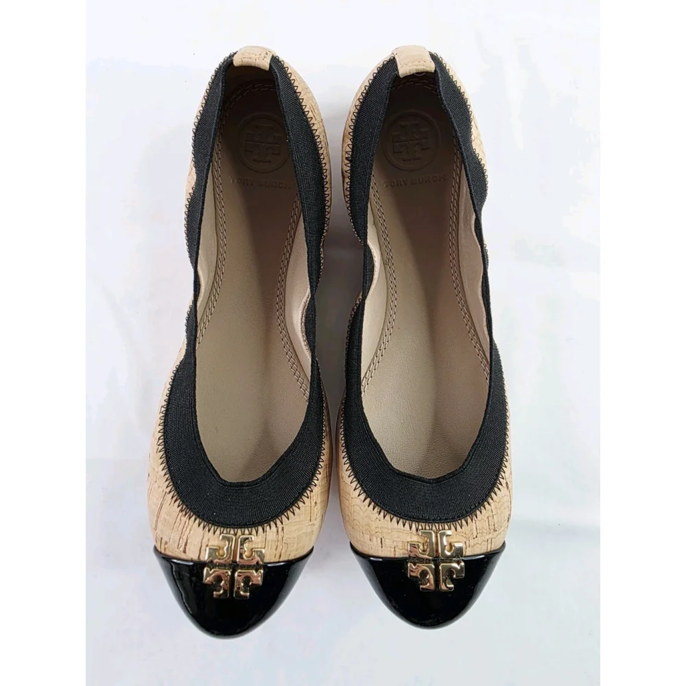 TORY BURCH JOLIE AMAZING CORK BLACK PATENT GOLD LOGO BALLET FLATS SIZE 5.5 M